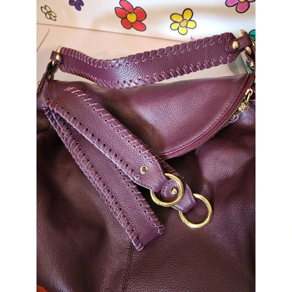 Onna Ehrlich Plum Pebbled Leather Hobo Bag Whipstitch Tassel Gold Hardware